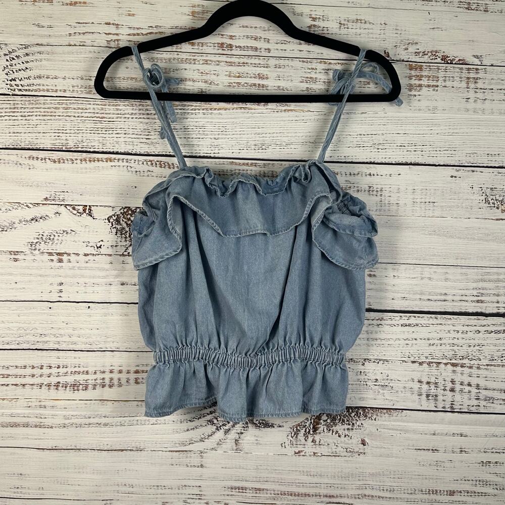 Womens NWT American Eagle Denim Crop Strappy Tank Top Peplum Boho Ruffles Sz M